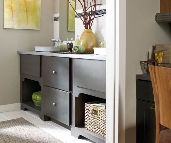 Dark Gray Cabinets In A Casual Bathroom Schrock Huxleymstotmb