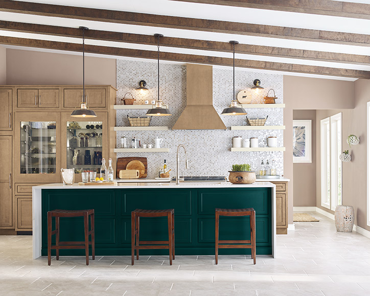 Transitional Kitchen with Green Island