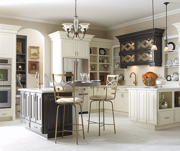 Parker off white kitchen cabinets with dark gray accents