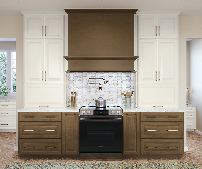 Classic Medium Stain and Off-White Kitchen Cabinets